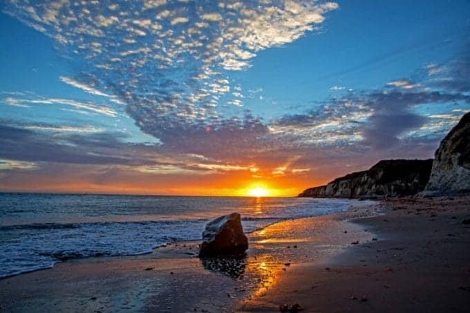 Santa Barbara, Sunset over the Pacific Ocean at Arroyo Hondo Beach near the city of Goleta in southern California