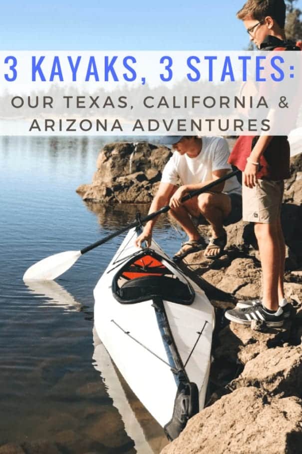 Two boys preparing a kayak in the water with text '3 kayaks, 3 states'.