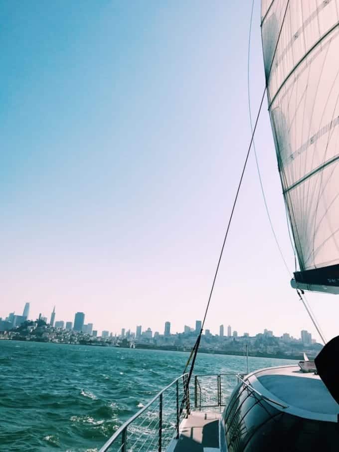 View of San Francisco skyline from sailboat