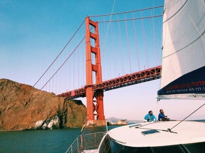 View of Golden Gate Bridge while sailing on the bay