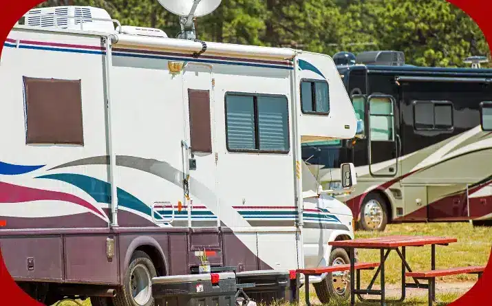 2 RV motorhomes parked near picnic table at campsite