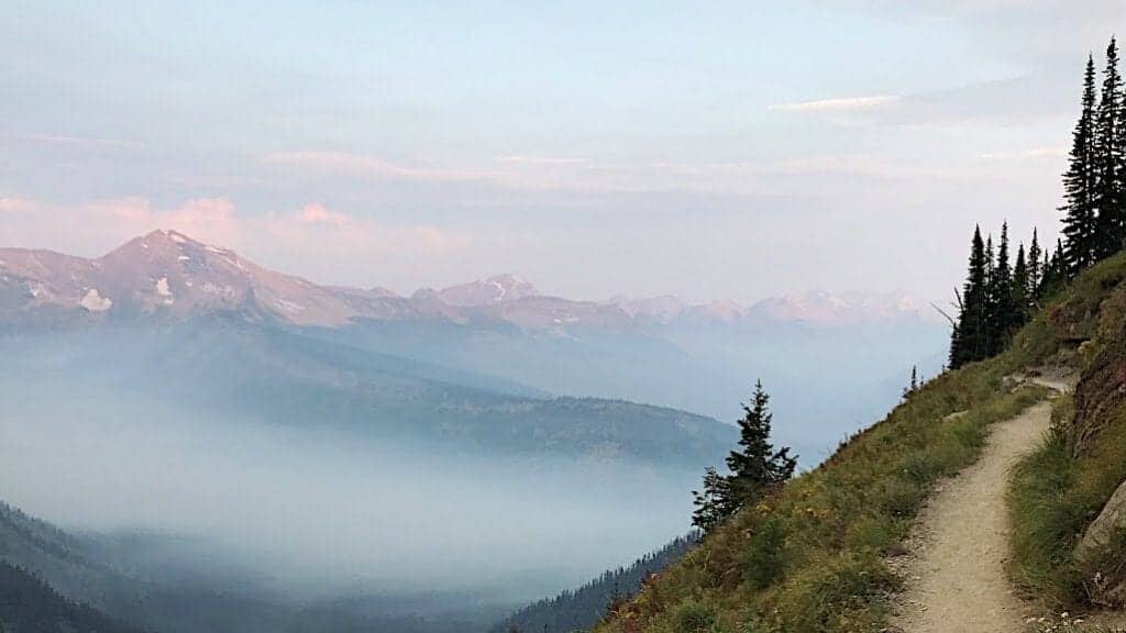 Cloudy mountain peaks seen along Highline Trail in Glacier National Park