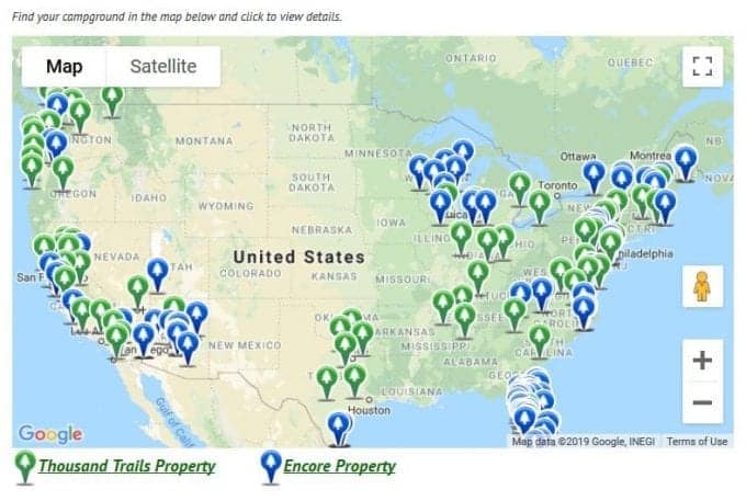 Map markers across US map indicating locations where someone can use Thousand Trails campground membership