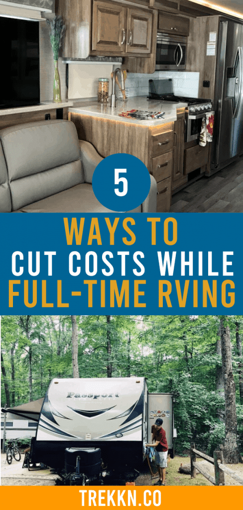 RV kitchen and sofa with text 'cut costs while full-time RVing'