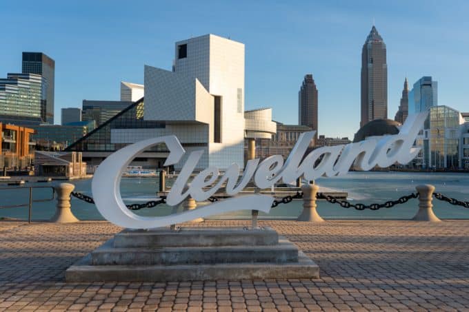 Outdoor sign that says 'Cleveland' in Ohio