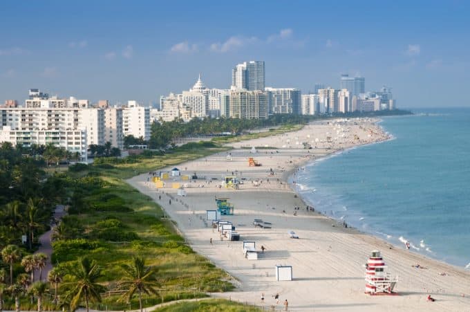 Aerial view of people enjoying Miami beach, one of the great things to do in Florida