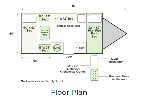 Floor plan for the Aliner Family Scout small camper with bathroom.