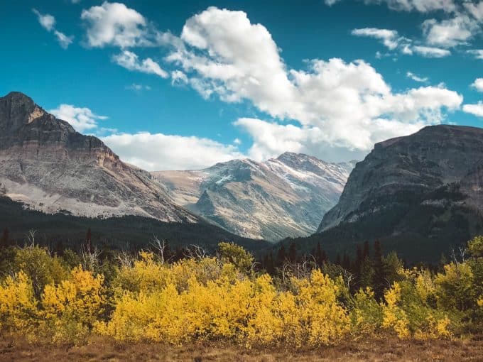 Mountains and foliage in the fall, the best time to visit Glacier National Park.