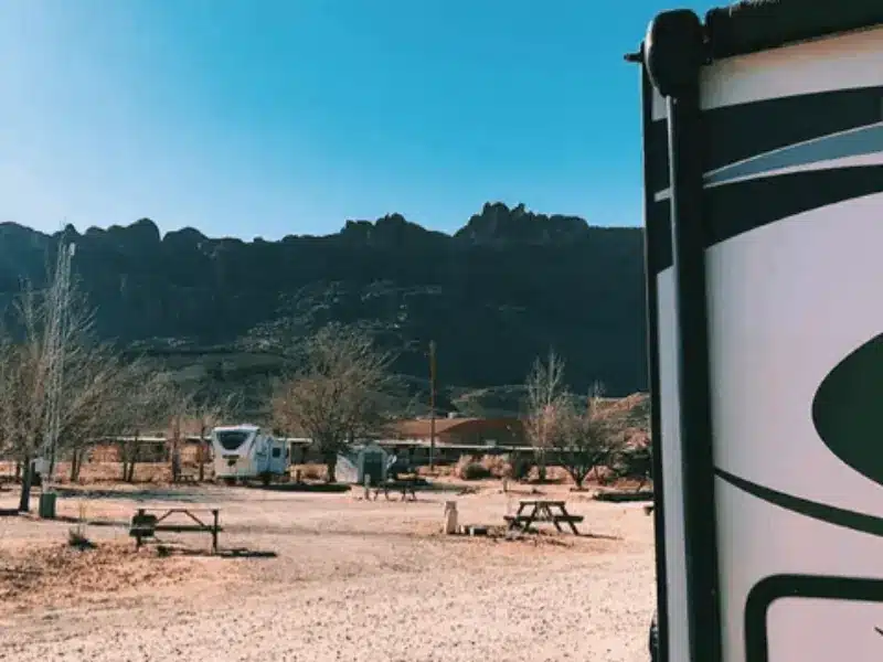 Back of RV at campsite in Utah during winter.