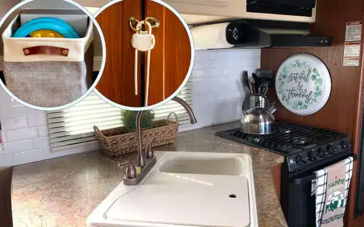 Kitchen sink inside RV and close up of locks on outside of cabinets