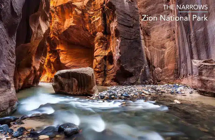 A beautiful stream and sun shining through canyons along Narrows hike in Zion National Park