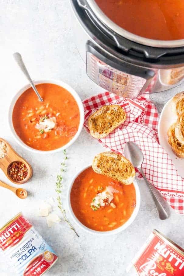 Two bowls of tomato orzo soup made Instant Pot while traveling in RV