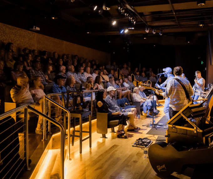 People watching a live band play on stage.