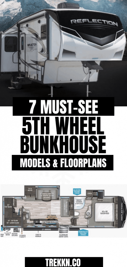 A fifth wheel trailer and text "must See bunkhouse floorplans."