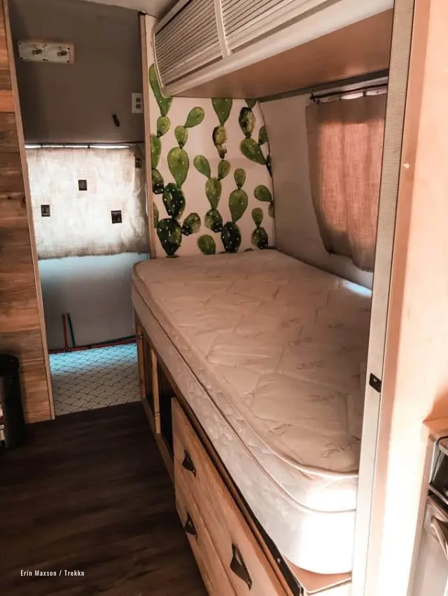 Mattress inside of Airstream travel trailer.