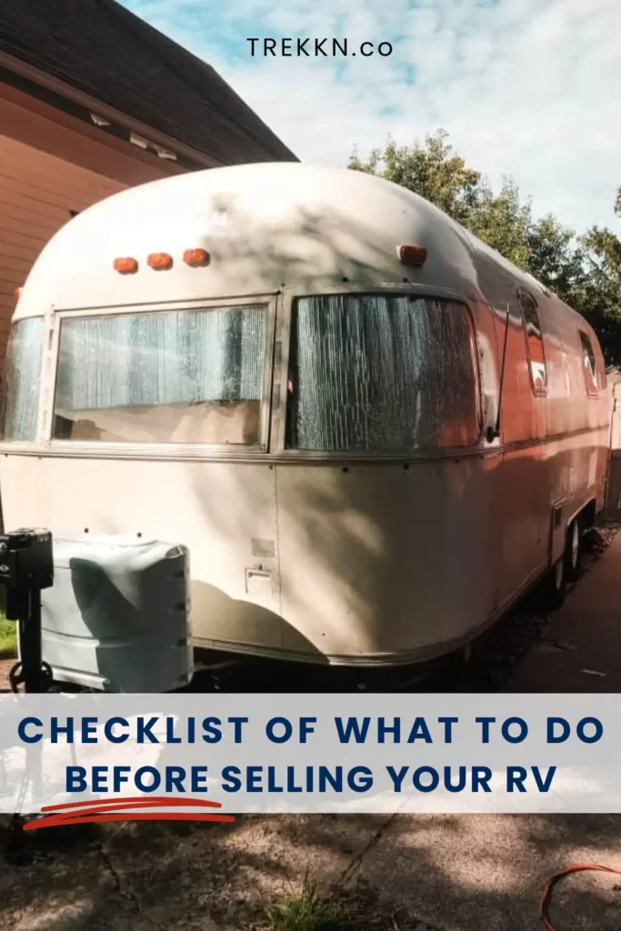 Airstream RV with text 'checklist of what to do before selling your RV.'