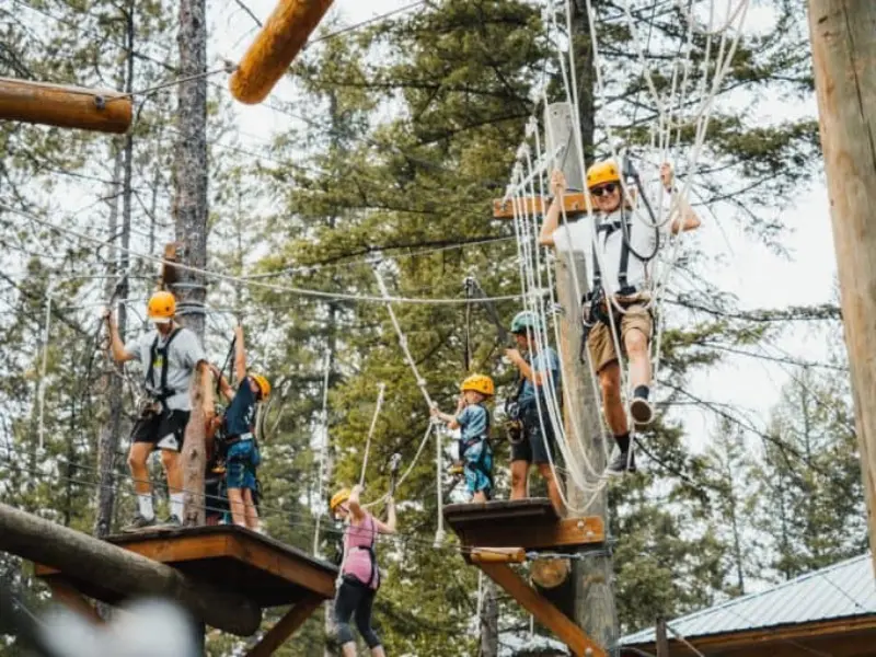 People on ropes course set in treetops.