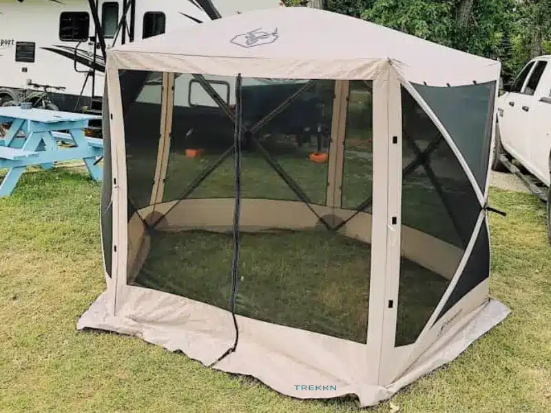 Portable pop up gazebo at campsite.