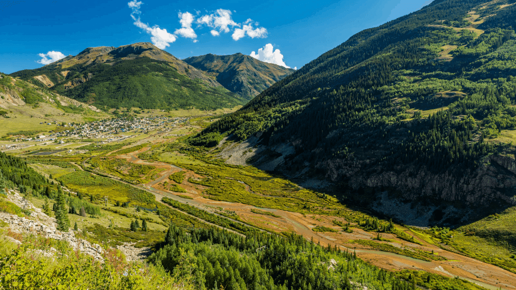 Aerial view of green mountains in Silverton Colorado