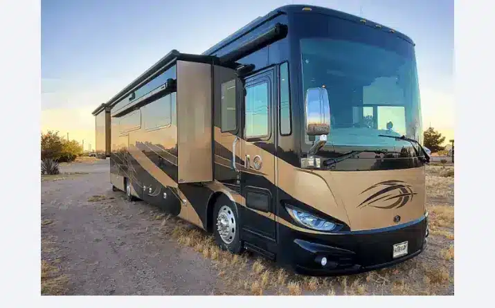 Luxury brown and black Class A motorhome RV available for rent.