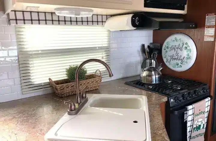 Sink and backsplash inside RV