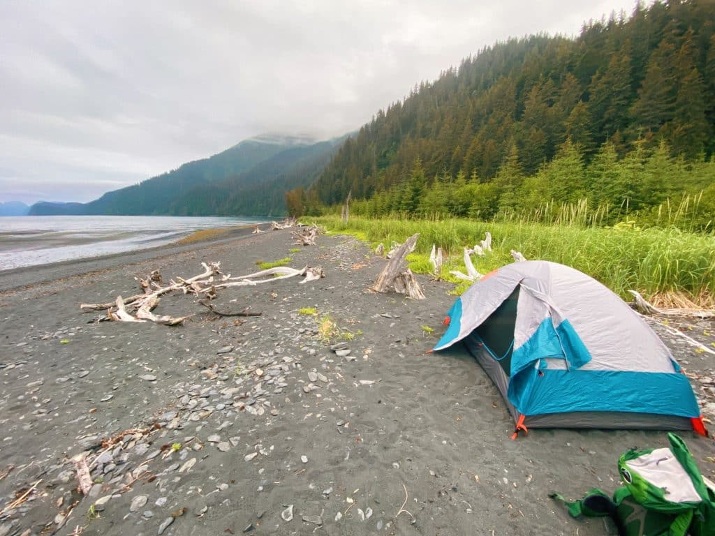 Tent pitched near lake while camping on the best hiking trail near Seward, Alaska