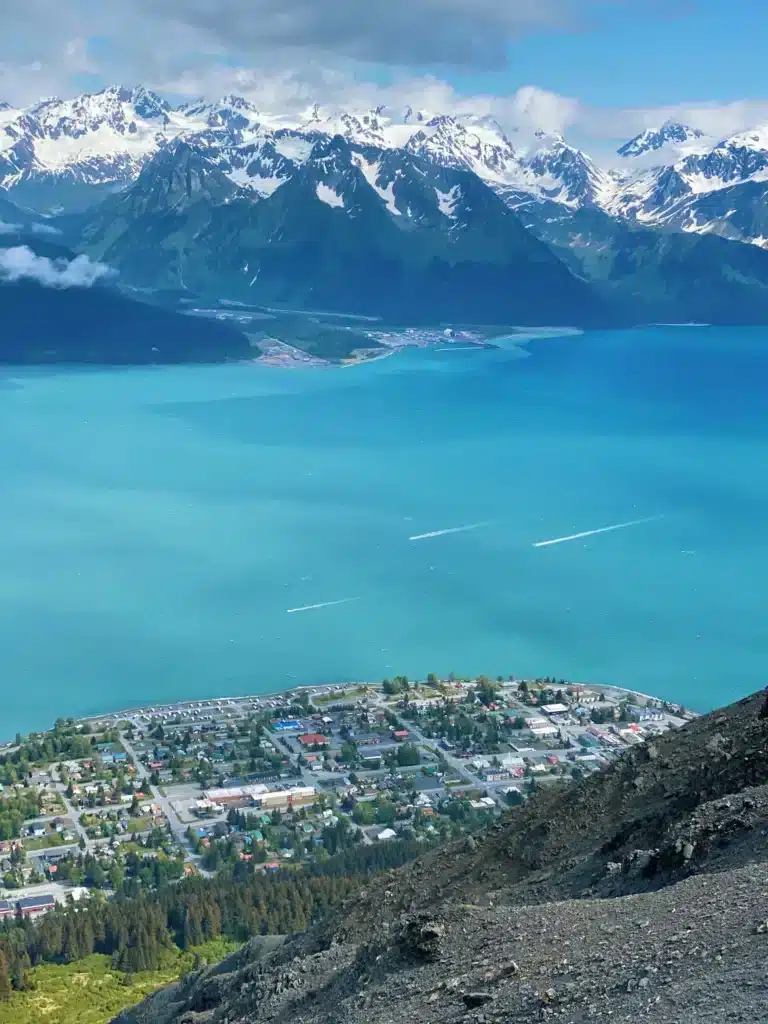 Aerial view of aqua blue lake near Mt Marathon in Seward Alaska