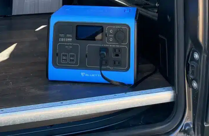 Bluetti brand portable power station inside campervan