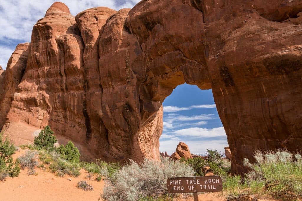 Pine Tree Arch and sign along Devil's Garden Trail hike