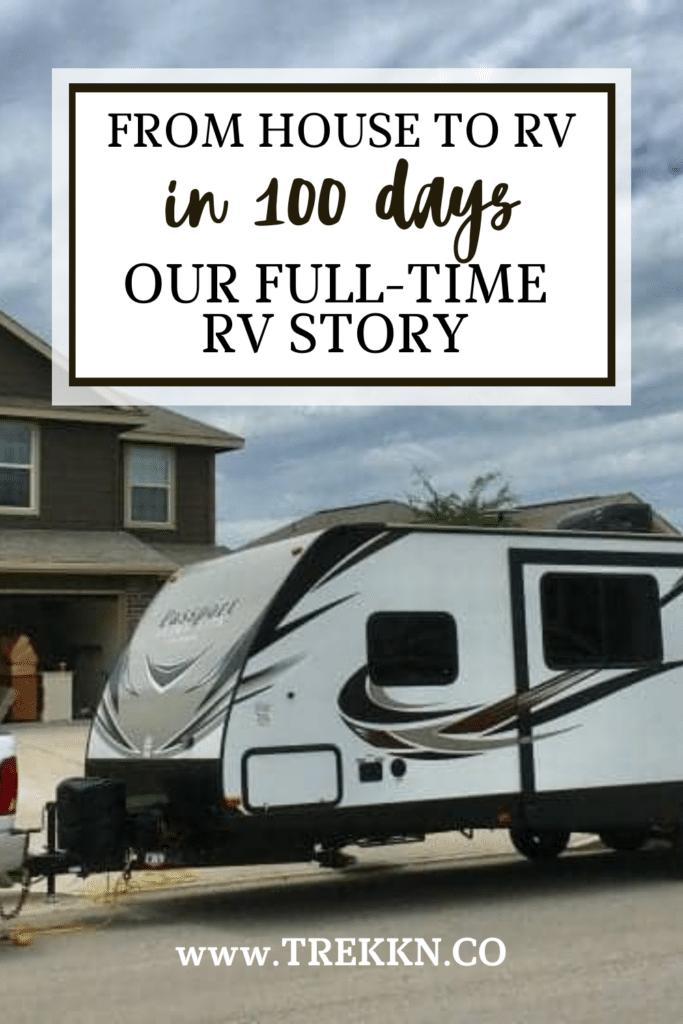 Travel travel parked at home with text 'from house to rv living'