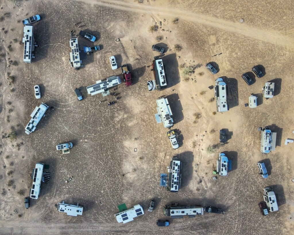 drone footage of RVs in Quartzsite, Arizona