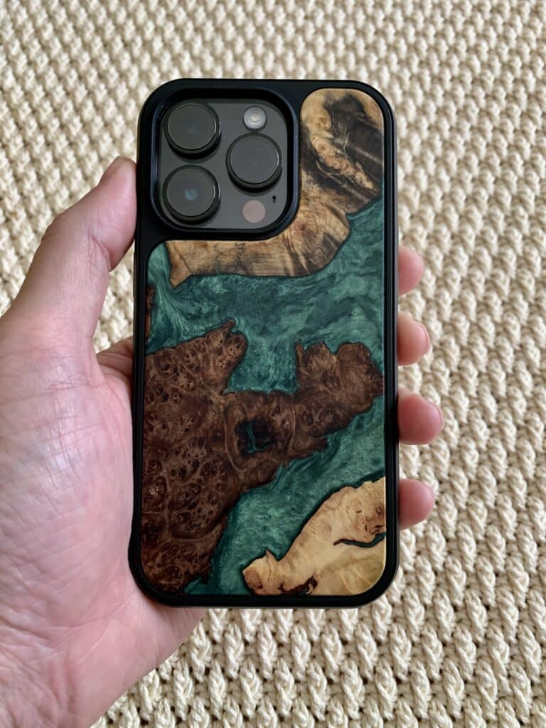 Exterior of unique exterior phone case made of wood