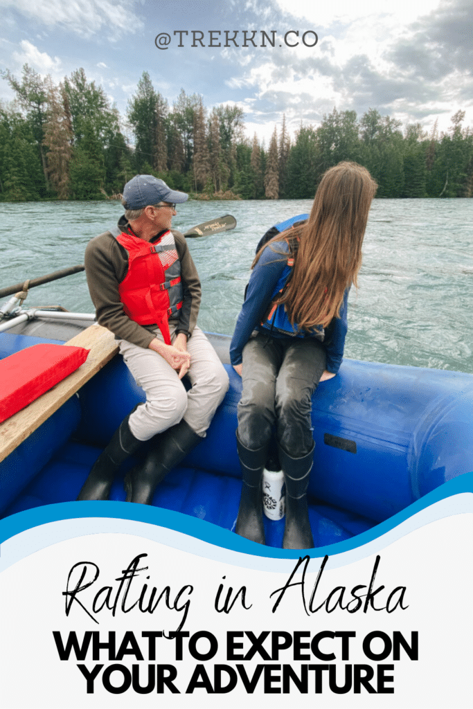 Man and woman sitting on edge of raft on Kenai River