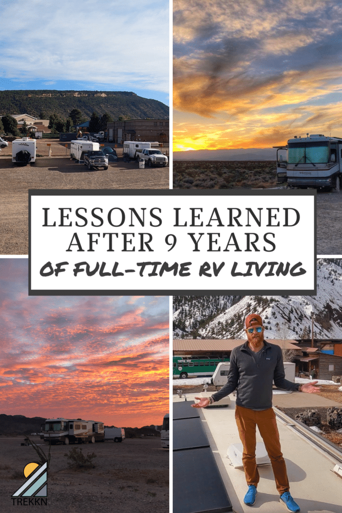 Collage of images with RVs parked on open land with text 'RV living lessons'