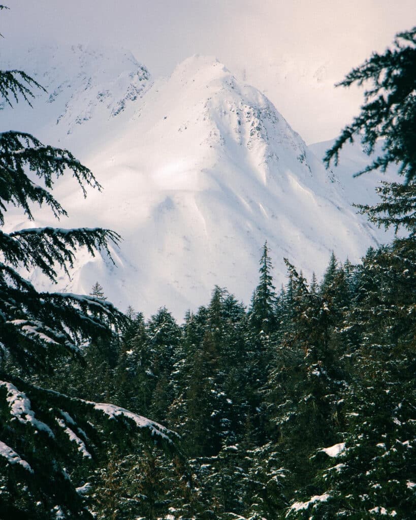 snow covered mountains in seward alaska