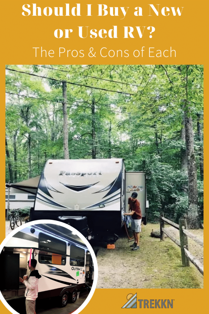 Collage of boy looking at new RV for sale and man washing his used trailer