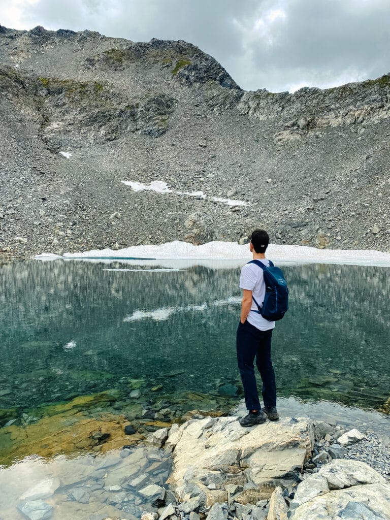 We carefully slid down the side of the ridge to reach the small lake on Bear Mountain trail