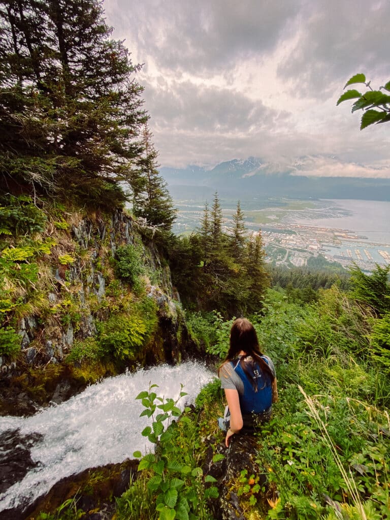 A waterfall can be found off of a spur trail in Seward Alaska