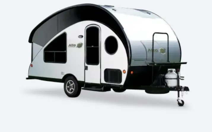 Exterior view of lightweight travel trailer with retractable roof.