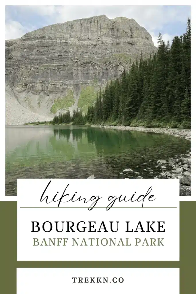 Bourgeau lake in Banff National Park with text 'hiking guide'