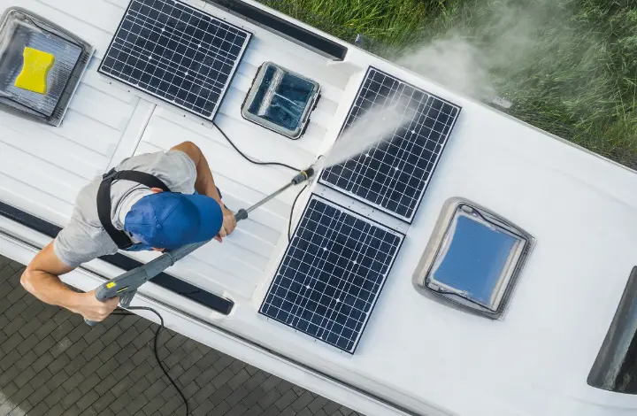 Man power washing RV roof as part of regular RV maintenance