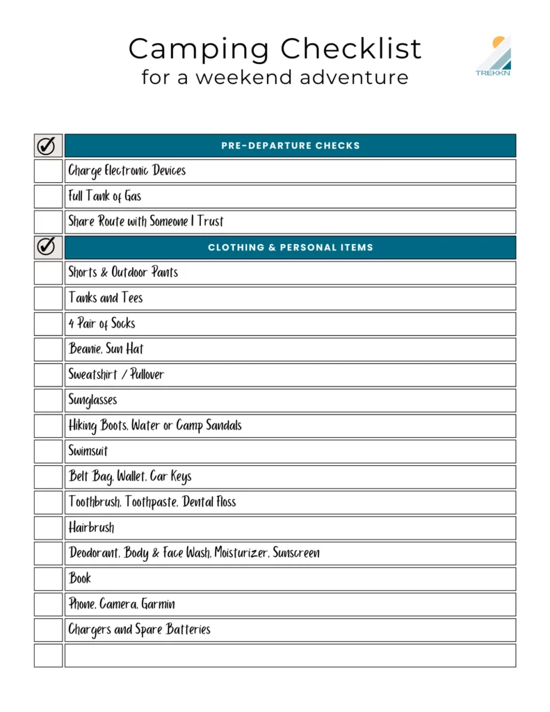 Weekend camping checklist for personal items