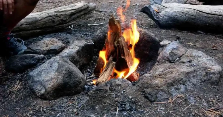 Small cone shaped fire inside campfire ring