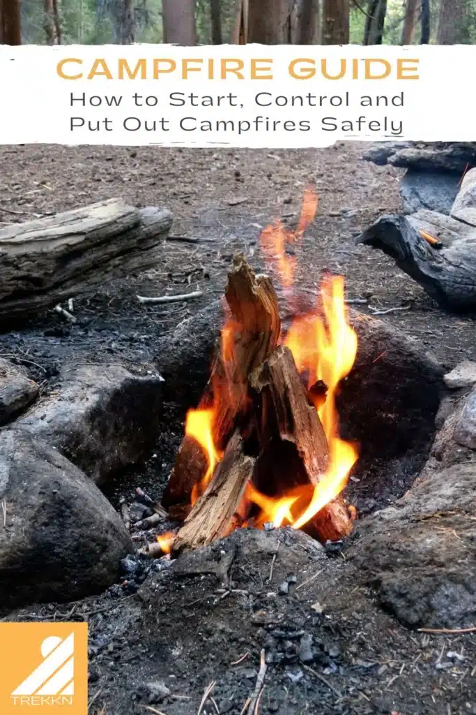 Campfire burning within a fire ring at campsite with the text 'campfire guide: how to start, control, and put out campfires safely'