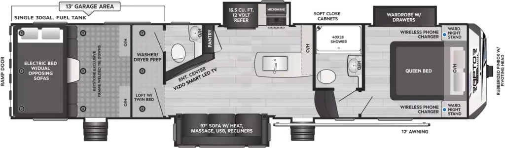 Interior floor plan of Keystone 358 toy hauler fifth wheel