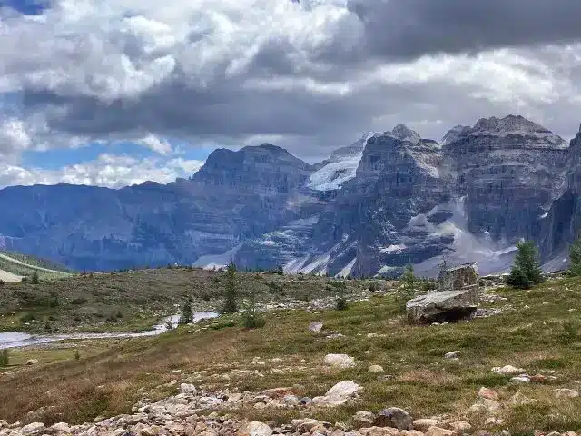 Hiking trail known as Wenkchemna Pass with mountains background