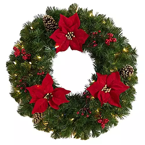 Poinsettia and Pinecone Wreath with LED Lights