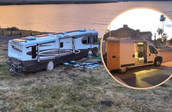 Class A Motorhome in background and white campervan in foreground