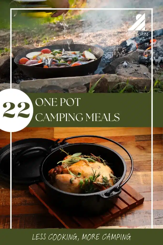 Chicken with herbs in a pot and vegetables in a skillet on campfire with text 'one pot camping meals'