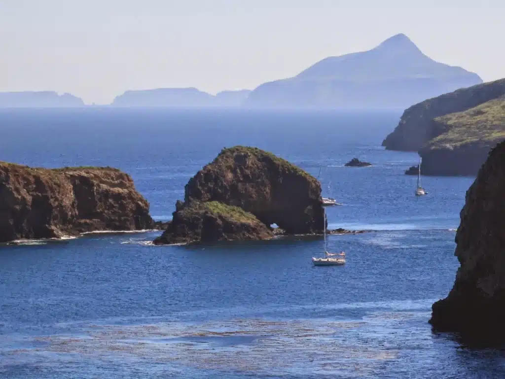 Sailboats in Scorpion Harbor seen from Santa Cruz Island